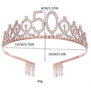 Rose gold 50th birthday crown tiara with rhinestones and dimensions shown on white background