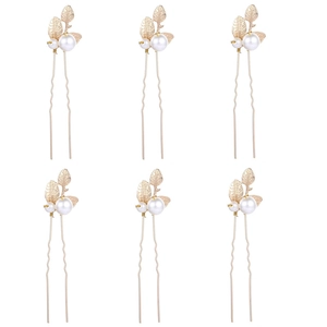 Lot de 6 épingles à cheveux dorées avec feuilles et perles pour coiffures de mariée