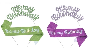 Detail view of glitter birthday sash and rhinestone crown tiara set in green and purple