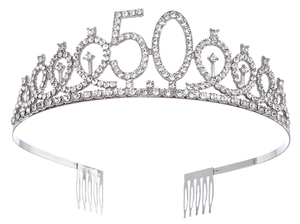 Detailed view of silver rhinestone number 50 birthday tiara with side hair combs