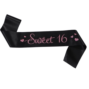Écharpe d'Anniversaire Sweet 16 Ruban en Satin Noir Avec Lettres Roses Pailletées Pour Fille Fête de 16 Ans Accessoire