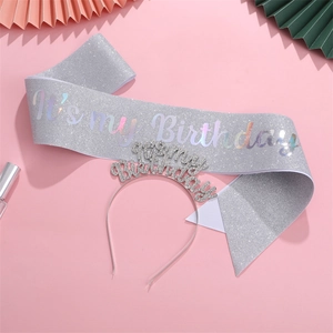 Silver glitter birthday sash and rhinestone headband set shown on a pink background