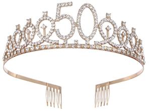 Detailed view of golden 50th birthday tiara with sparkling rhinestones and side hair combs