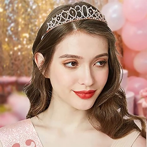 30th Birthday Set with Rose Gold Rhinestone Crown and Pink Glitter Sash for Party