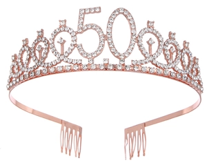 Detailed view of rose gold number 50 birthday tiara with sparkling white rhinestones