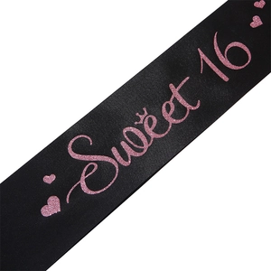 Elegant Sweet 16 birthday sash in black satin with pink glitter lettering and crown