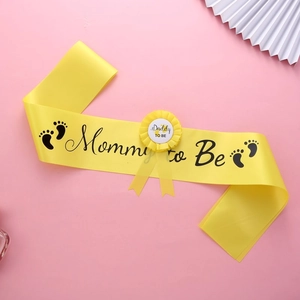 Yellow Mommy to Be sash and Daddy to Be badge set for baby shower party accessories