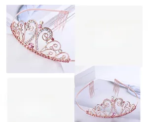 Detailed macro view of a rose gold tiara with pink crystals and heart-shaped patterns