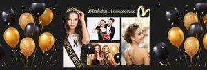 Detail of crystal birthday tiara and black 'BIRTHDAY QUEEN' sash with gold foil text