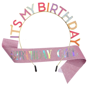 Glittery pink Birthday Girl sash and gold It's My Birthday crown tiara set