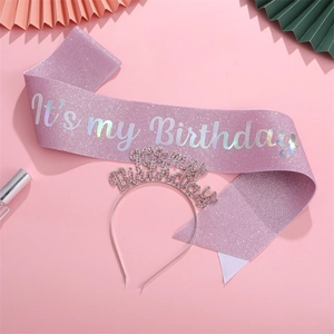 Close-up of pink glitter sash and rhinestone tiara with It's my Birthday text
