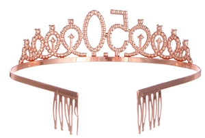 Close-up of rose gold 50th birthday tiara with sparkling rhinestones and side hair combs
