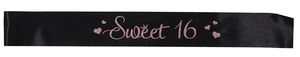 Detail of black satin Sweet 16 sash with pink glitter lettering and heart patterns