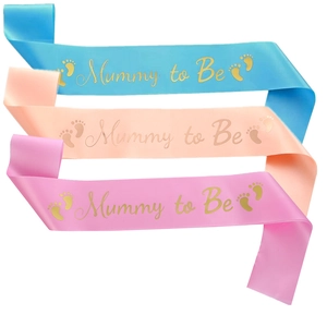 Detail of satin Mommy to Be sashes with gold foil lettering and cute footprints