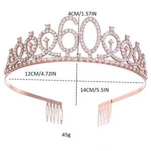 Detailed view of rose gold 60th birthday crown with rhinestone dimensions and weight