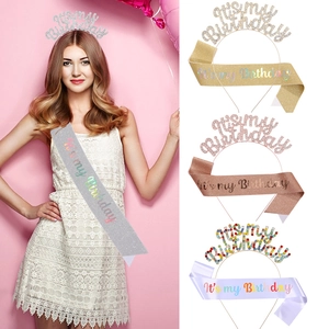 Its My Birthday Rhinestone Lettering Headband And Glitter Sash Set For Women Girls Birthday Party Decorations Festive Accessories