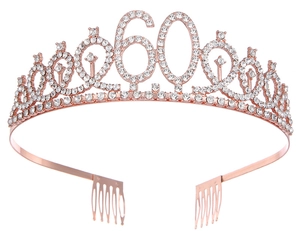 Detailed view of rose gold birthday crown with 60th number and rhinestone settings