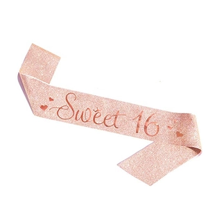 Roségouden glitter Sweet 16 sjerp voor verjaardagsfeestjes met elegante belettering