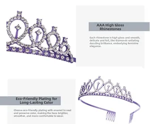 Détails de couronne violette avec strass AAA et peigne métallique pour la fixation