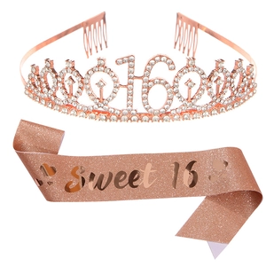 Ensemble de Fête d'Anniversaire Sweet 16 Couronne en Strass Or Rose et Écharpe à Paillettes Couronnette de Princesse