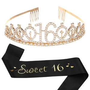 Close-up of golden Sweet 16 satin sash and sparkling rhinestone tiara set