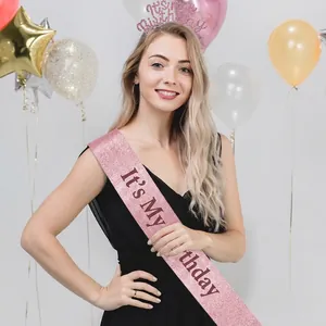 Pink glitter birthday sash and tiara set with 'IT'S MY BIRTHDAY' text for party