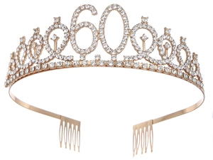 Close-up of sparkling rhinestones and number 60 on the gold birthday tiara with combs
