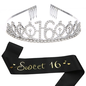 Silver rhinestone 16 crown and black Sweet 16 satin sash set for girls birthday party