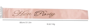 Detailed view of pink satin Hen Party sash with gold lettering and dimensions 80x9.5cm