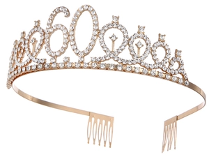 Detail of gold 60th birthday crown tiara with sparkling rhinestones and secure combs