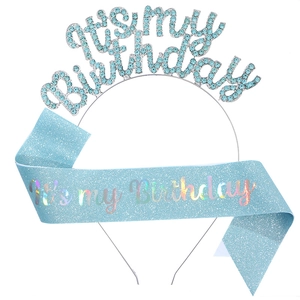 Light blue birthday party set with a glitter sash and rhinestone birthday headband
