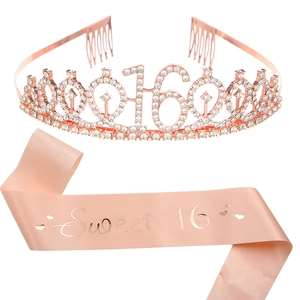 Rose gold Sweet 16 birthday tiara and sash set with rhinestones for party decoration