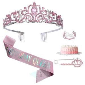 Set compleanno rosa con tiara di cristallo, fascia, topper per torta e spilla corona