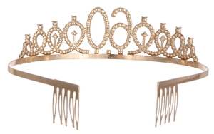 Detailed view of golden 60th birthday tiara with rhinestones and integrated hair combs