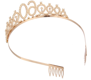 Detail of gold 60th birthday crown tiara with sparkling rhinestones and secure side combs