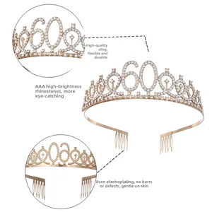 Macro detail of high-quality alloy 60th birthday crown with AAA rhinestones and hair combs