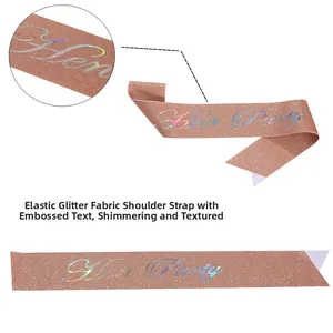 Detail of rose gold glitter Hen Party sash featuring holographic laser printed lettering