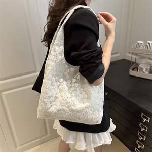 Elegant white floral lace tote bag for women with large capacity and shoulder strap