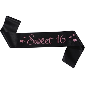 Sweet 16 birthday party set with black satin sash and pink glitter crown lettering