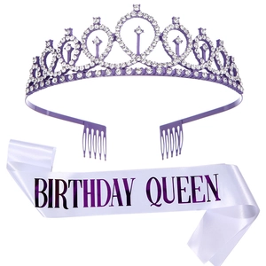 Tiare Et Écharpe Birthday Queen Girl Violet Alliage Strass Couronne Écharpe En Satin Pour Décoration De Fête D'anniversaire Accessoires Femme