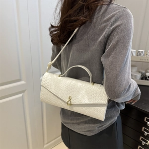White woven texture crossbody handbag with gold infinite buckle and structured handle