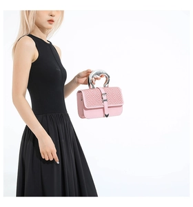 Sac à main en cuir rose avec poignée sculptée argentée et rabat tissé sur un modèle