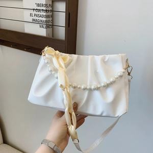 Women Ruched Cloud Shoulder Bag PU Leather Underarm Bag With Artificial Pearl Chain And Satin Scarf Elegant Handbag For Daily Party