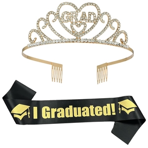 Tiara di laurea dorata con strass e fascia in raso nero con scritte dorate