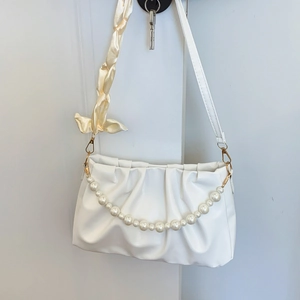White ruched cloud bag with pearl chain and silk scarf handle for women stylish shoulder bag
