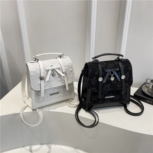 Women's Mini PU Leather Backpack Floral Lace Embroidery Bowknot Heart Pendant Casual Fashion Small Daypack Shoulder Bag