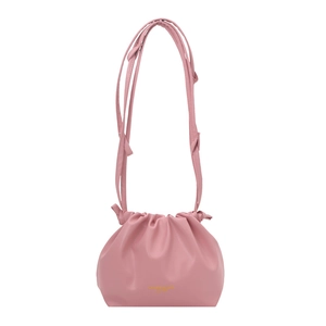 Pink pleated dumpling crossbody bag with adjustable straps and soft leather texture