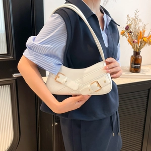 White faux crocodile skin underarm bag with golden square buckles for modern women