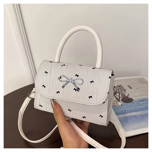 Detail of white mini crossbody bag with silver bow clasp and black embroidery