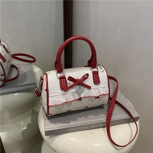 Süße Schleife Spitze Punktmuster Boston Bag Vintage PU Leder Schultertasche Mit Herzanhänger Umhängetasche Für Damen